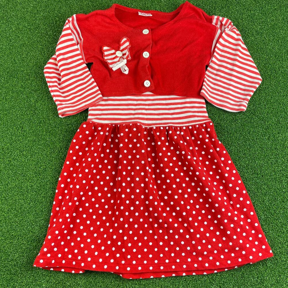 Vintage Wear Me Red White Polka Dot Striped Cotton Baby Girls Frock Dress Sz 6
